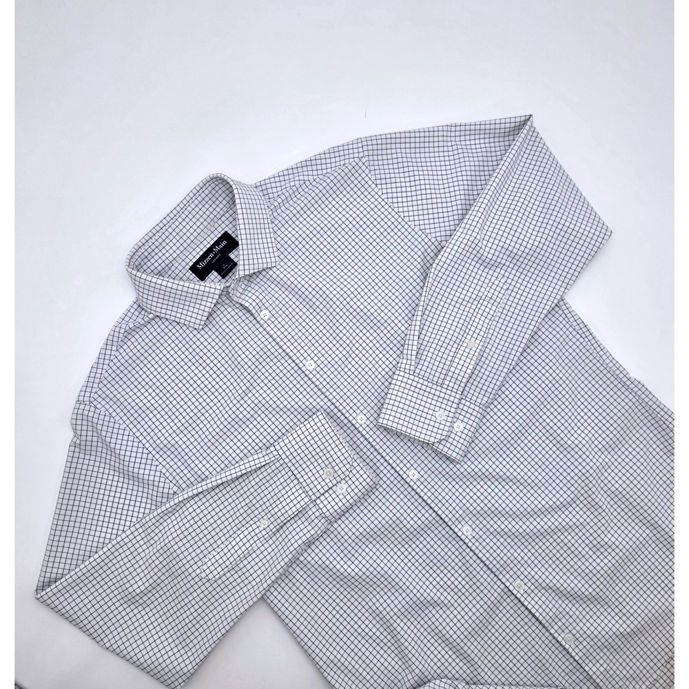 Mizzen+Main Leeward Trim Fit Dress Shirt Mens Large White Navy Grid 1WS-0903